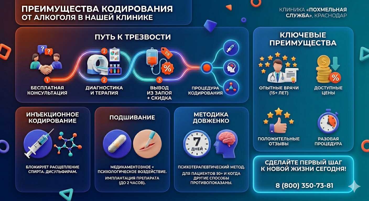 Инфографика о методах кодирования от алкоголя в Оловянной: инъекции, подшивание, метод Довженко. Преимущества клиники и этапы лечения.